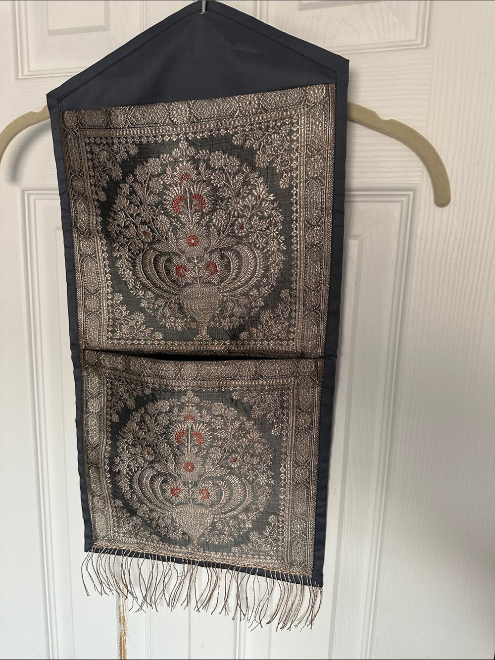 Silver Tapestry Wall Hanging Organizer with Red Accents and Two Pockets Storage